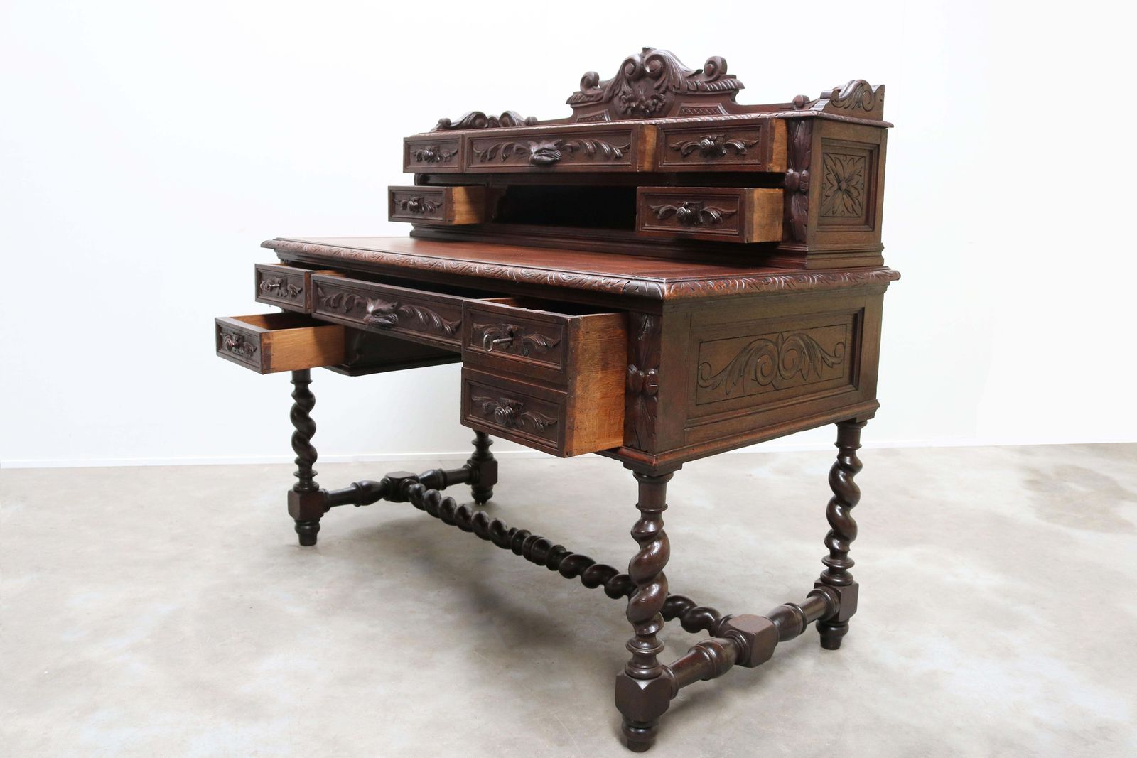 Antiek Frans Renaissance Revival Jachtbureau / Secrétaire Met Gedraaide Kolommen, Eiken, 19e Eeuw photo vintage