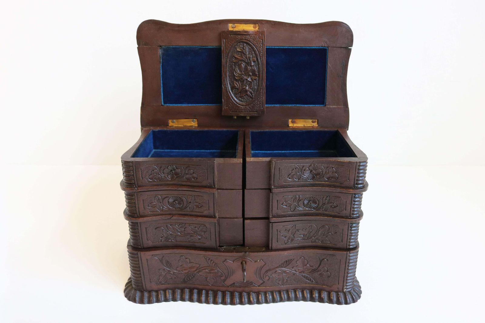 Rare Antique 4 Tier Black Forest Jewelry Box Fruitwood 19th Century Hand Carved photo buy