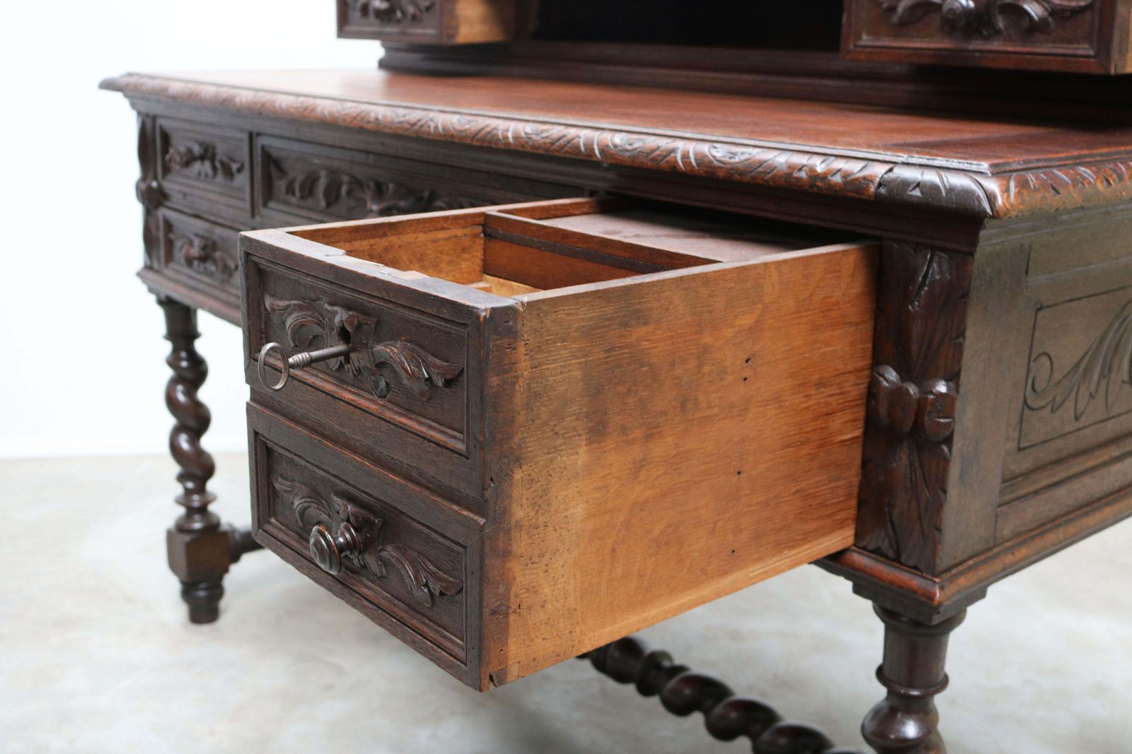 Meubels Antiek Frans Renaissance Revival Jachtbureau / Secrétaire Met Gedraaide Kolommen, Eiken, 19e Eeuw photo
