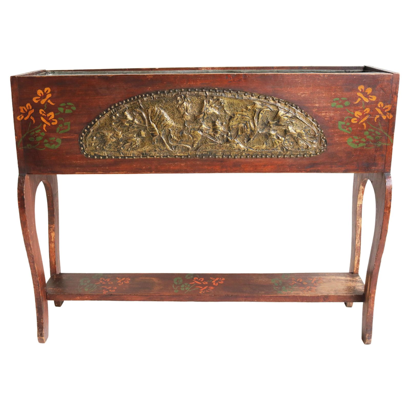 Franse Antieke Art Nouveau Plantenbak / Jardinière In Messing Met Bloemmotieven, 1890, Jugendstil