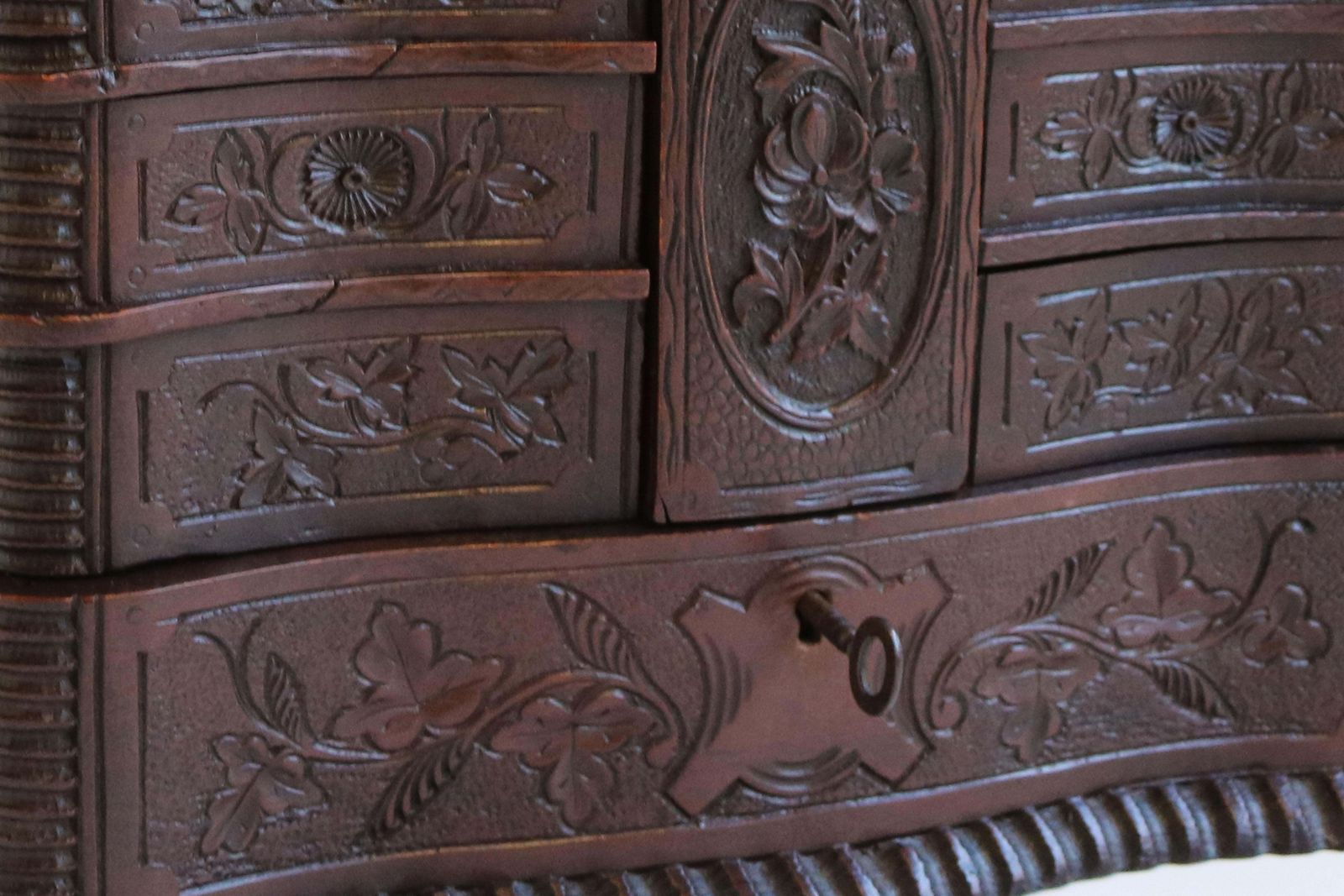 photo vintage Rare Antique 4 Tier Black Forest Jewelry Box Fruitwood 19th Century Hand Carved