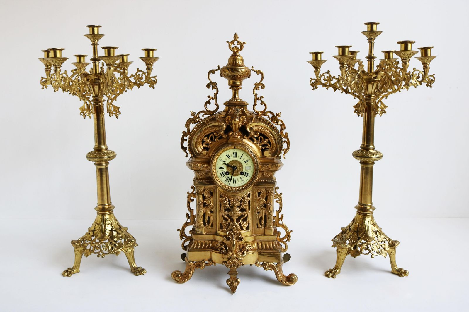 Huge Antique French Gilt Bronze Classical Clock Set 19th Century Acanthus Leaves photo furniture