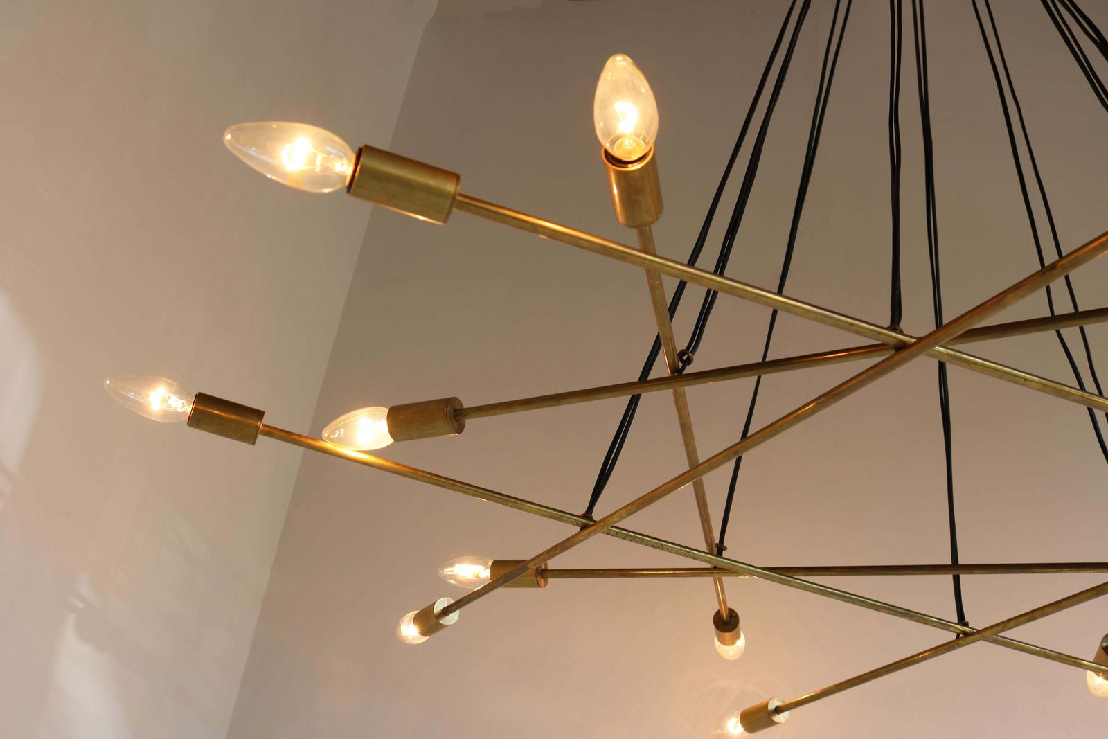 Large Mid Century Design Minimalist Brass Italian 1950 Chandelier Stilnovo Style photo Lighting