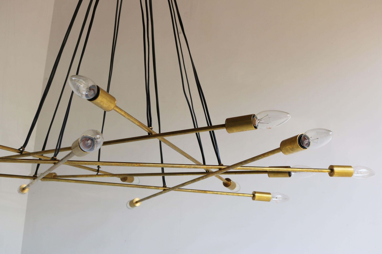 Large Mid Century Design Minimalist Brass Italian 1950 Chandelier Stilnovo Style photo vintage