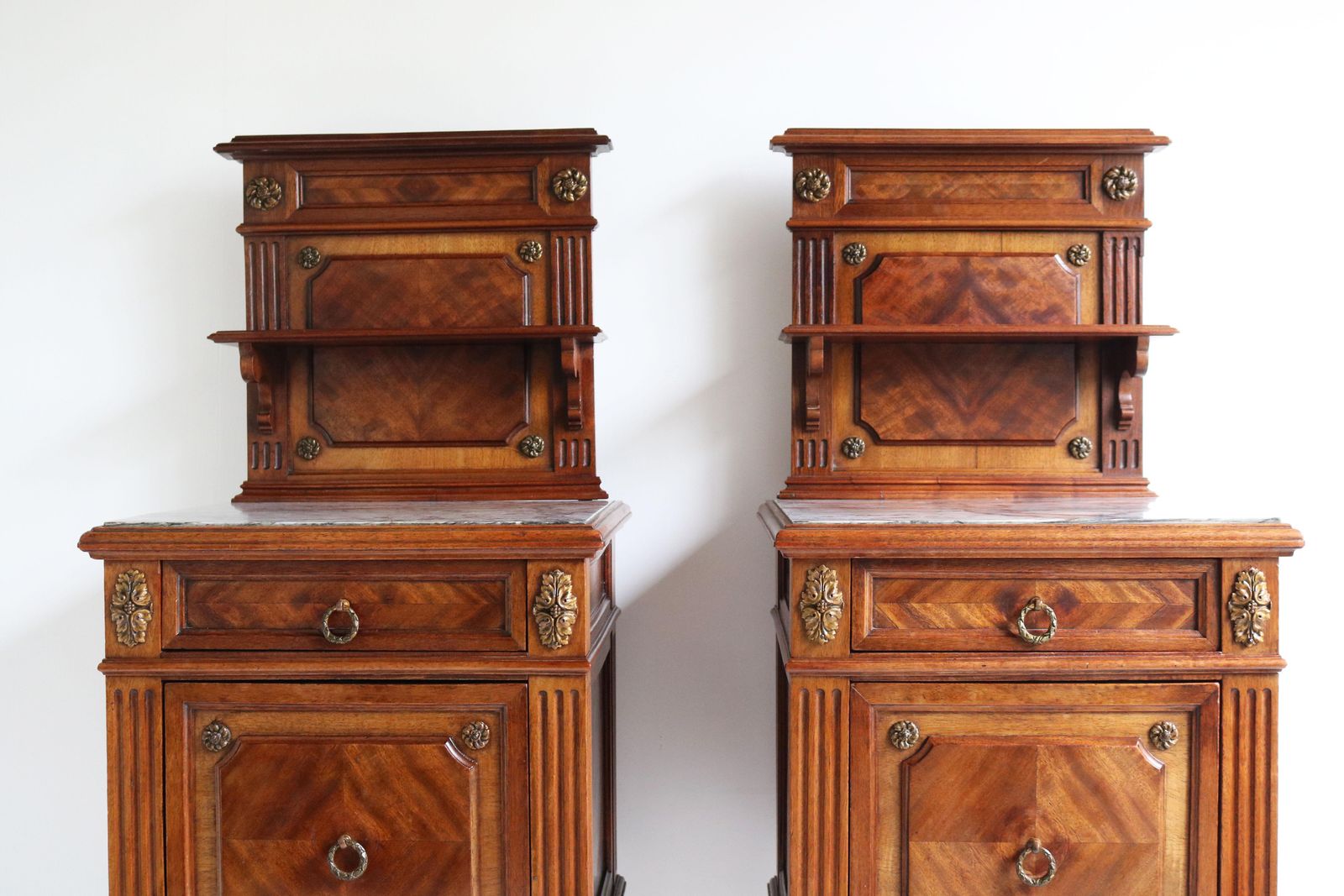 Pair Of Antique French 19th Century Night Stands Bedside Walnut Marble Bronze photo buy