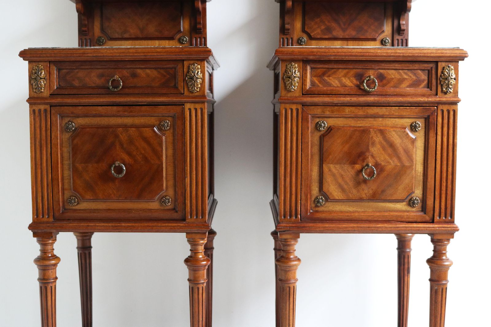 Pair Of Antique French 19th Century Night Stands Bedside Walnut Marble Bronze photo vintage