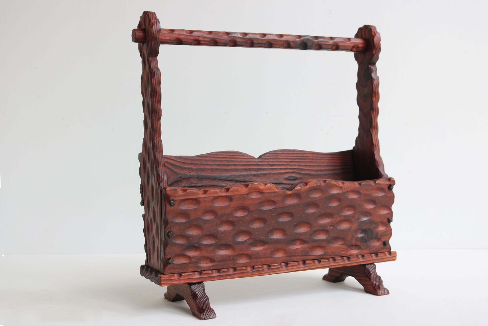 Spanish Brutalist Magazin Rack / Book Stand Carved Wood Wrought Iron 1960 photo vinterior