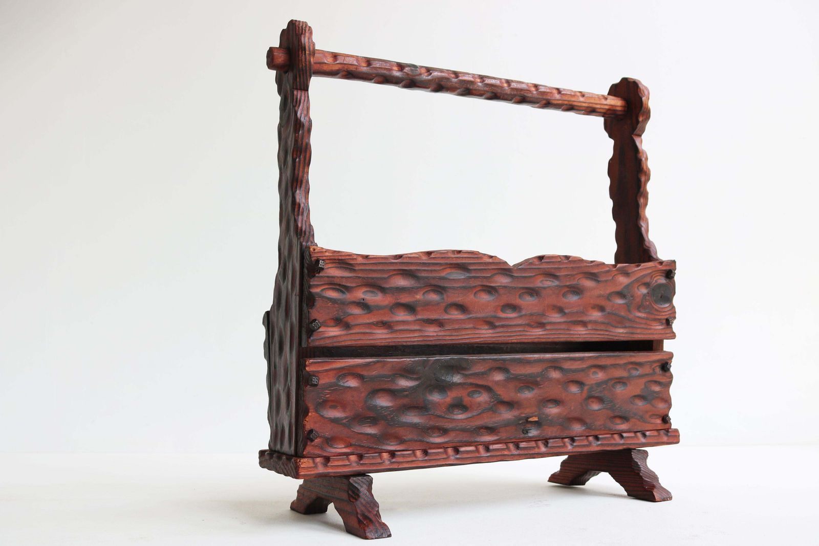 Spanish Brutalist Magazin Rack / Book Stand Carved Wood Wrought Iron 1960 photo buy