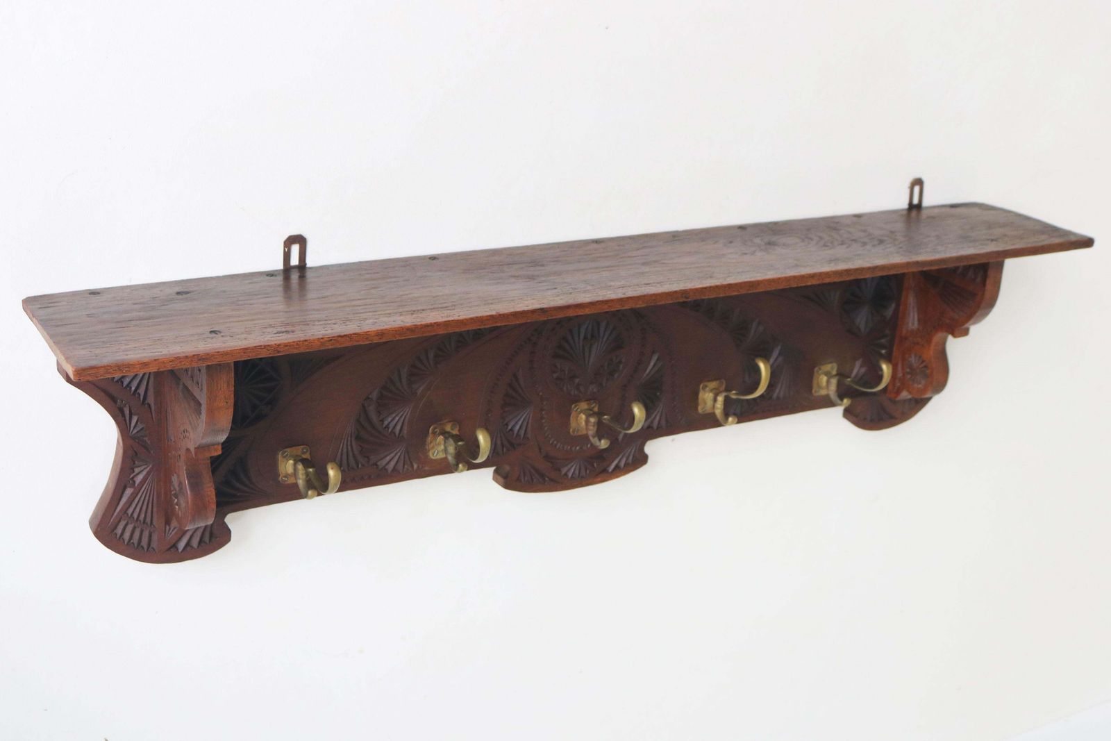 1920 Dutch Arts & Crafts Antique Coat Rack / Hat Rack Chip Carved Wood Folk Art photo for sale