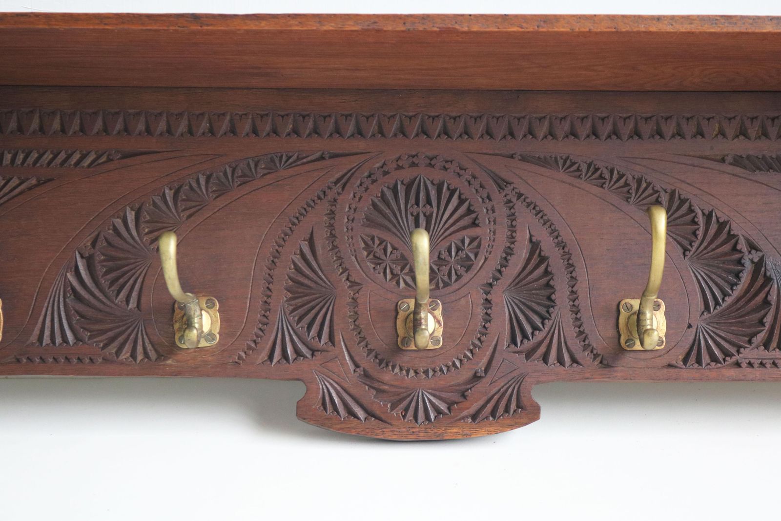 1920 Dutch Arts & Crafts Antique Coat Rack / Hat Rack Chip Carved Wood Folk Art photo buy