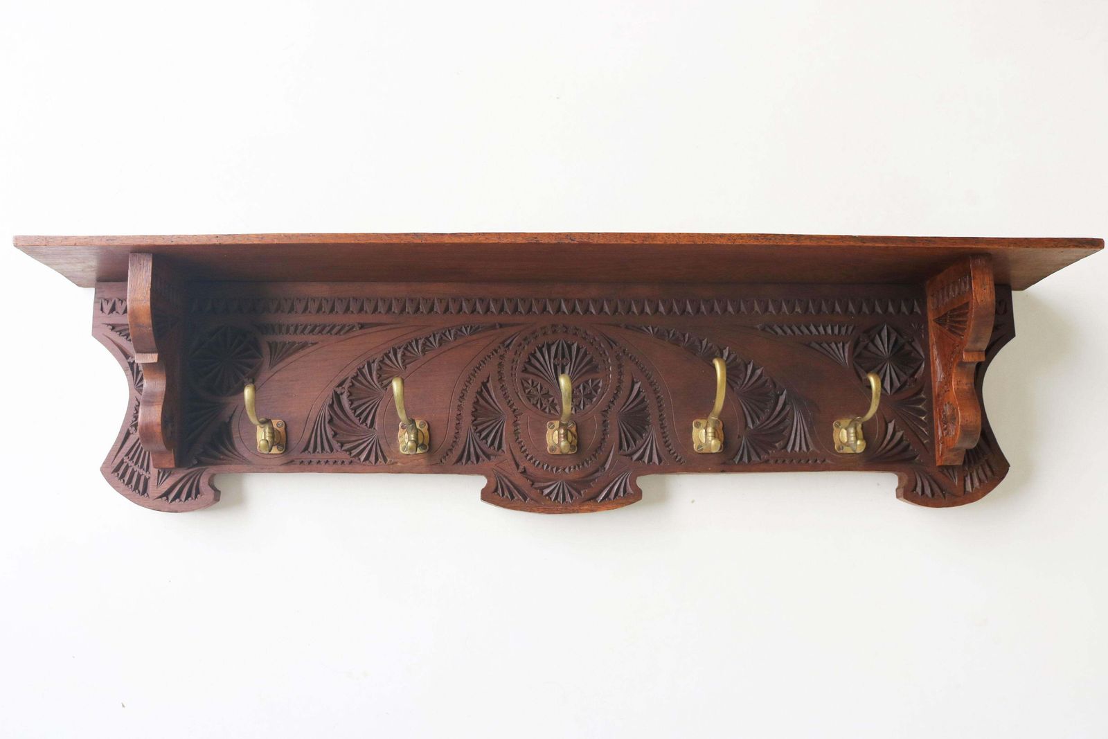 1920 Dutch Arts & Crafts Antique Coat Rack / Hat Rack Chip Carved Wood Folk Art photo vintage