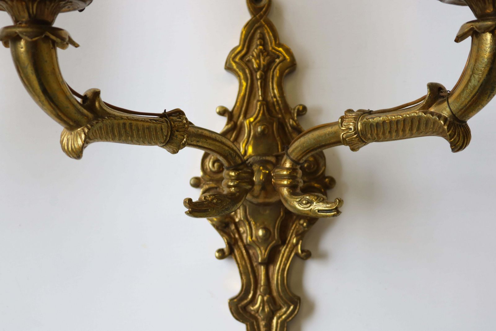 Pair Of Brass Empire 19th Century Wall Lights With Serpent Heads Sconces Glass photo for sale