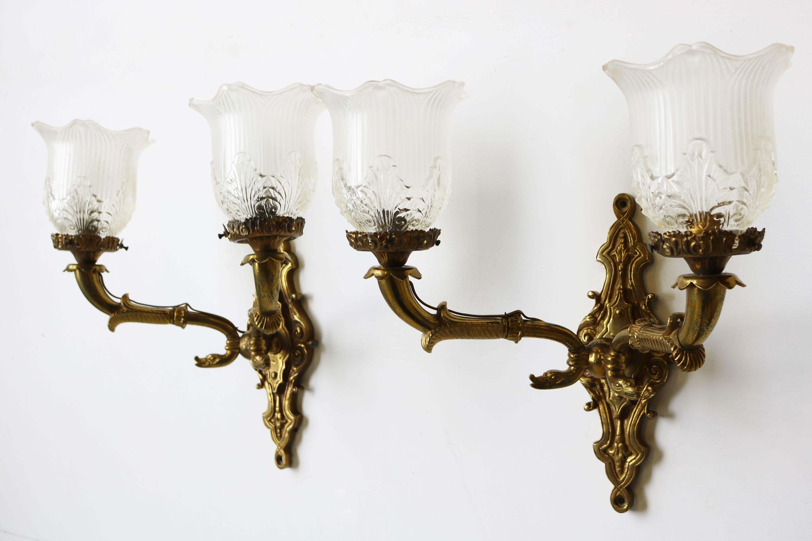 Pair Of Brass Empire 19th Century Wall Lights With Serpent Heads Sconces Glass photo buy