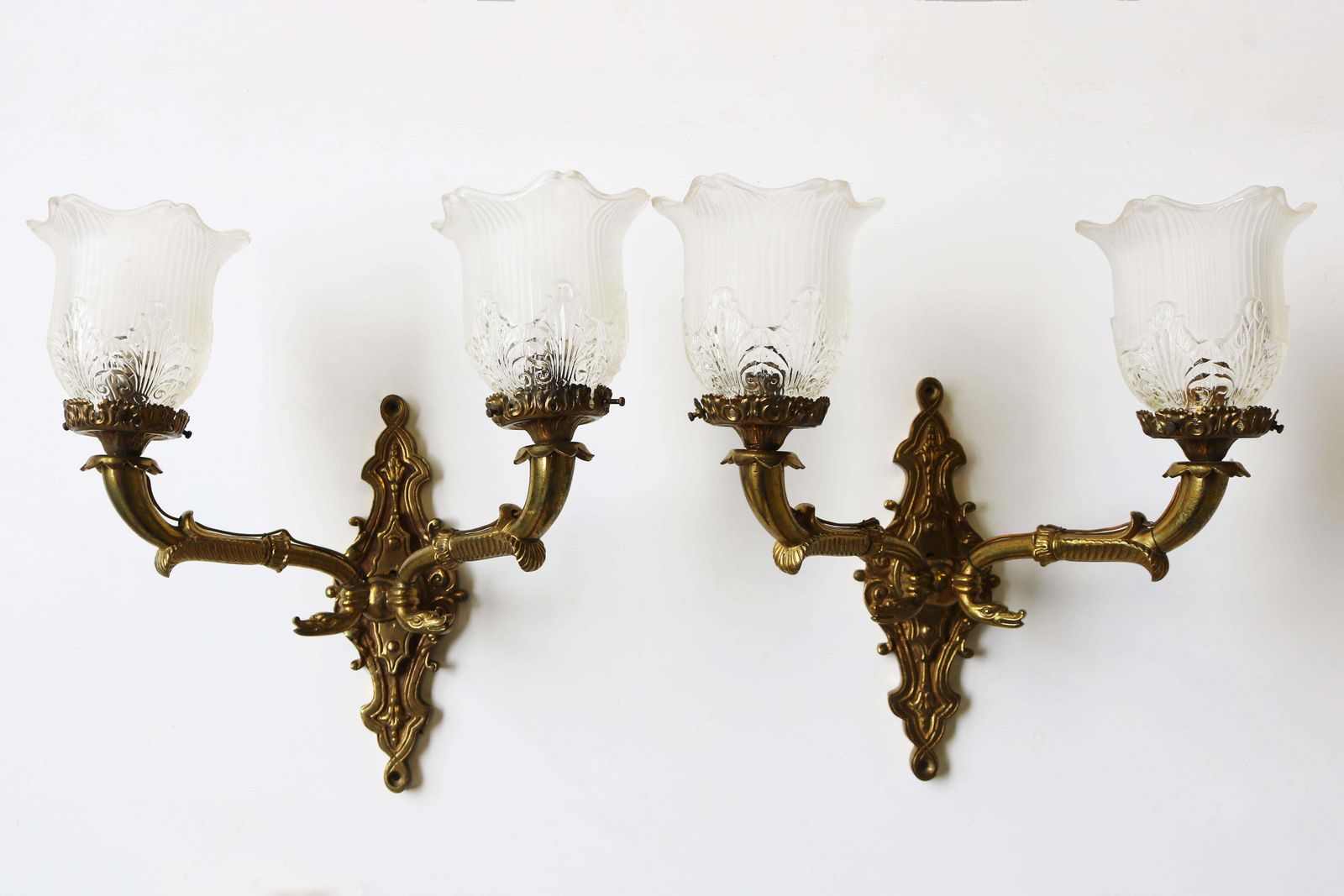 photo for sale Pair Of Brass Empire 19th Century Wall Lights With Serpent Heads Sconces Glass