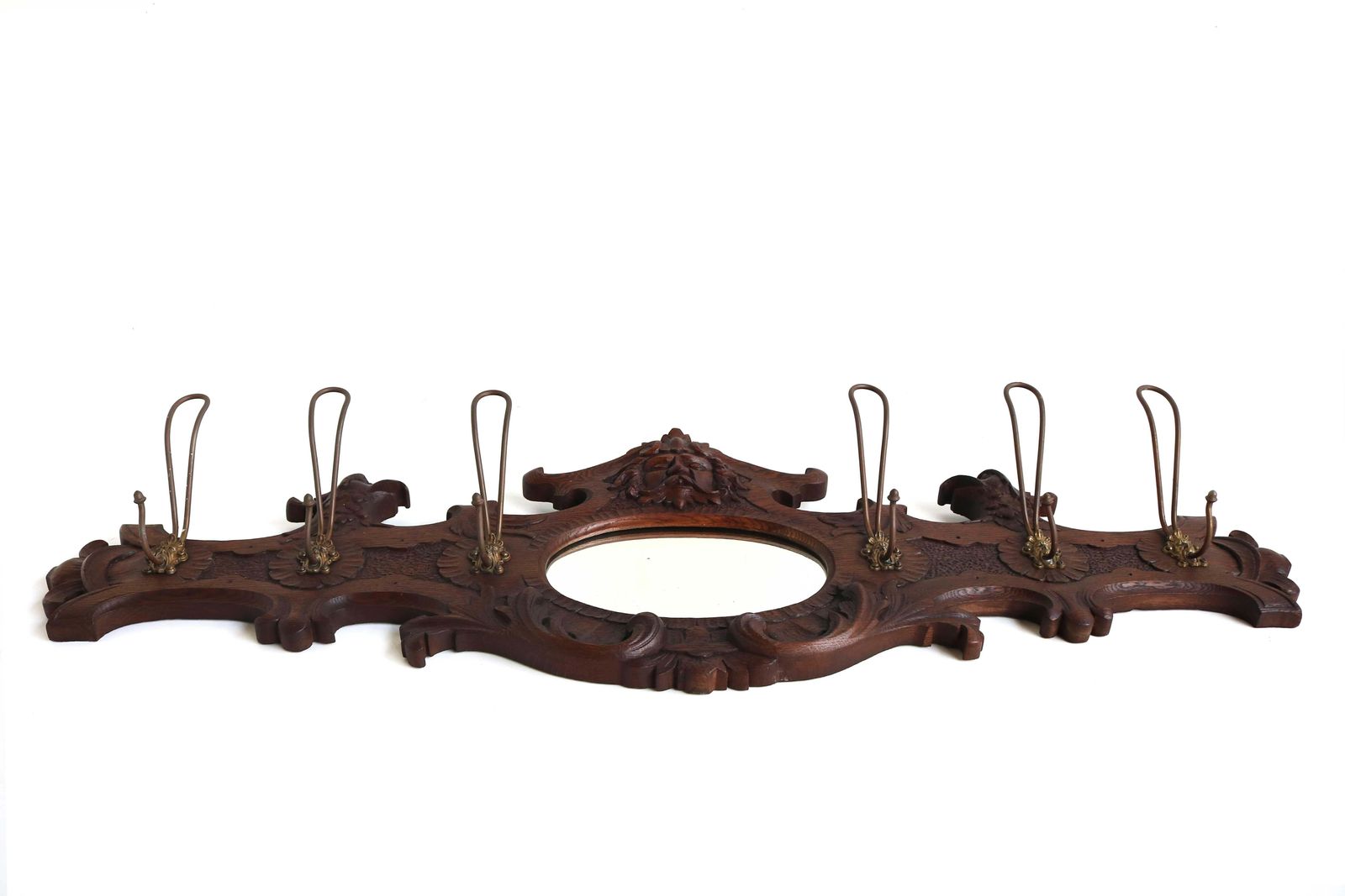 1704.0 Antieke Houten Kapstok Met Gesneden Masker En Adelaar, Spiegel En Messing Haken, 19e Eeuw photo