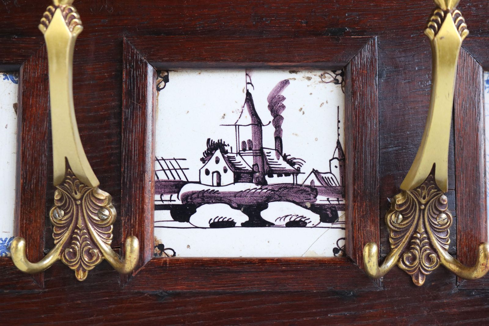 Antique Dutch Renaissance Revival Coat Rack 19th Century Delft Blue Tiles Brass photo Furniture