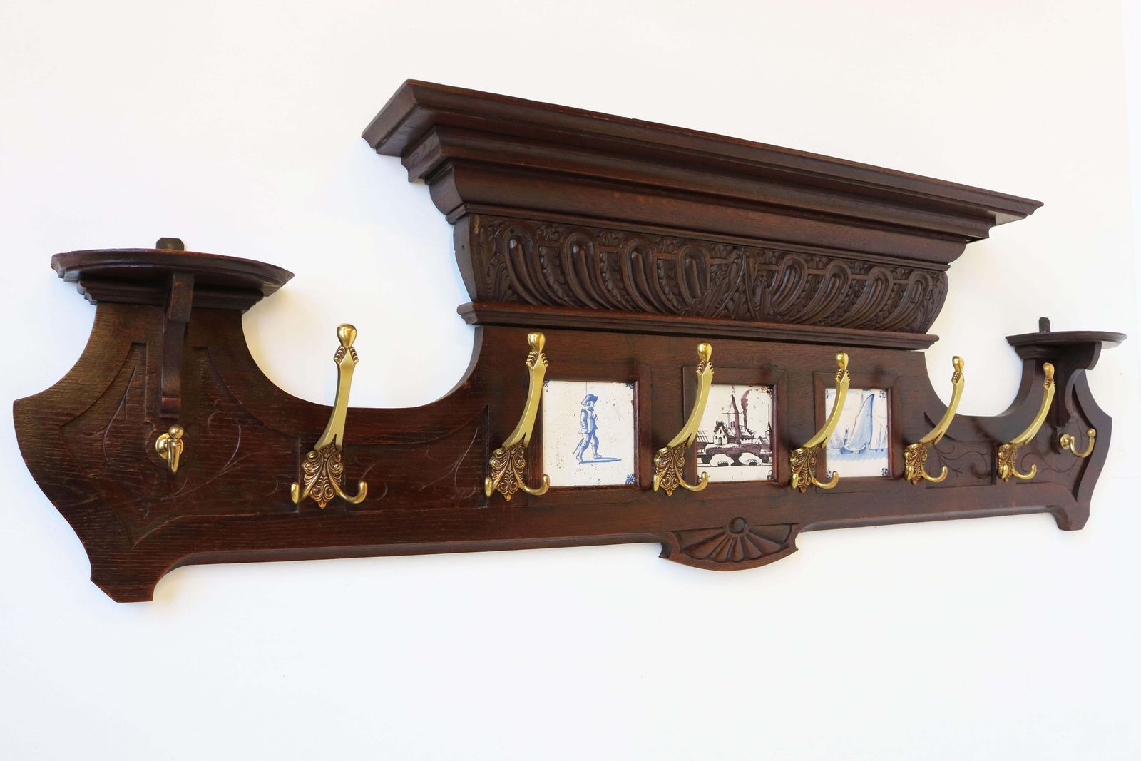 Antique Dutch Renaissance Revival Coat Rack 19th Century Delft Blue Tiles Brass photo buy