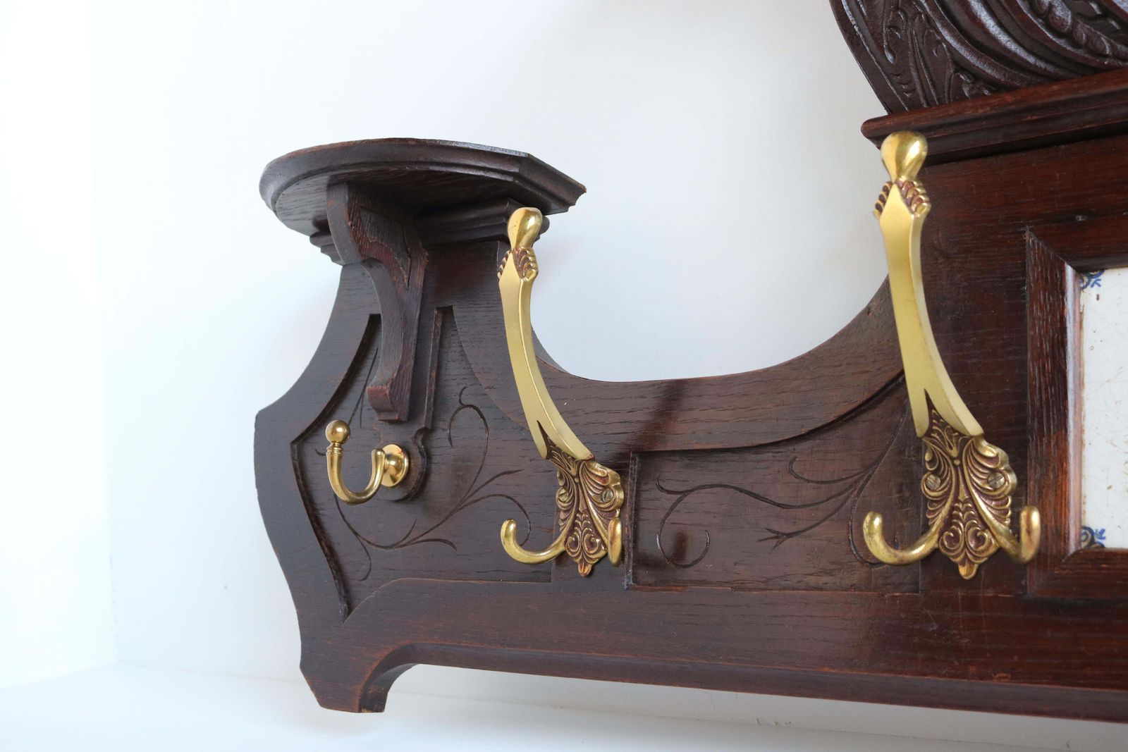 photo furniture Antique Dutch Renaissance Revival Coat Rack 19th Century Delft Blue Tiles Brass