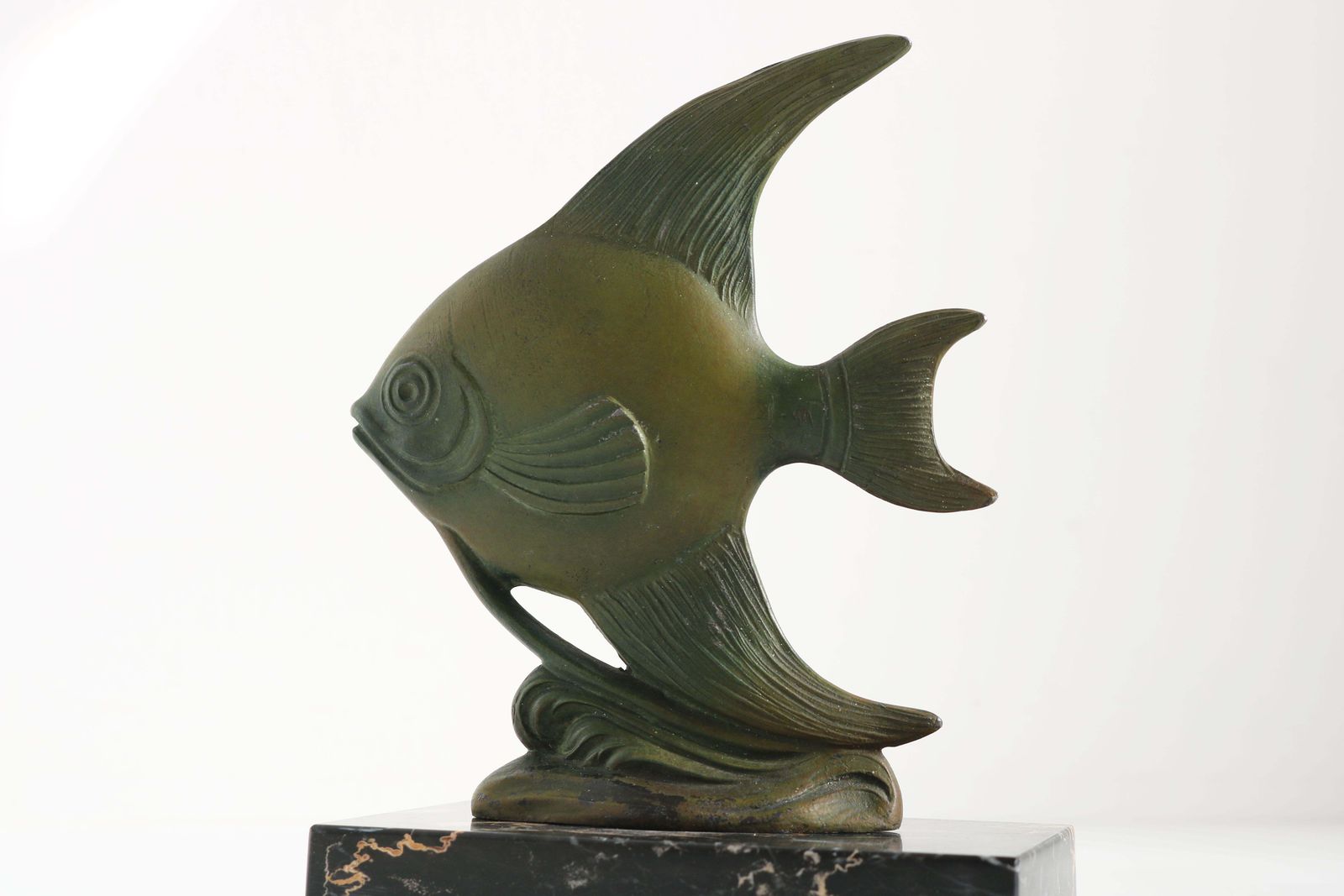 Antique French Art Deco Bookends Angelfish 1930 Black Marble Spelter Moonfish photo Home Decor