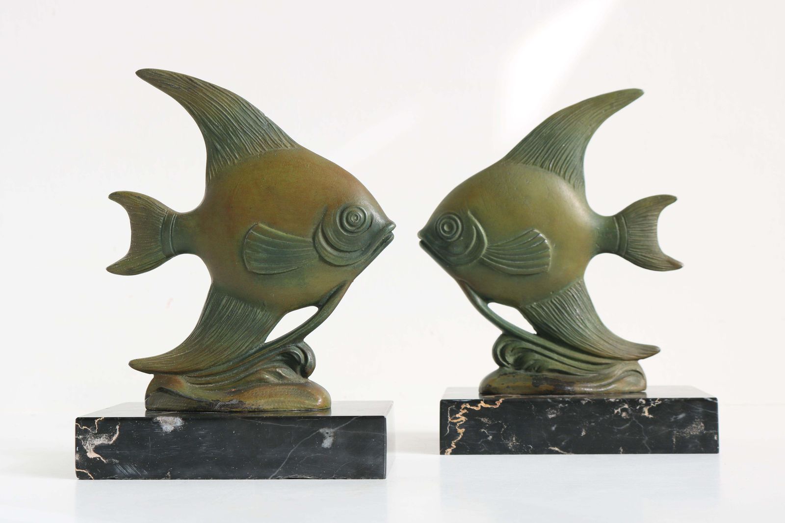 Antique French Art Deco Bookends Angelfish 1930 Black Marble Spelter Moonfish photo buy