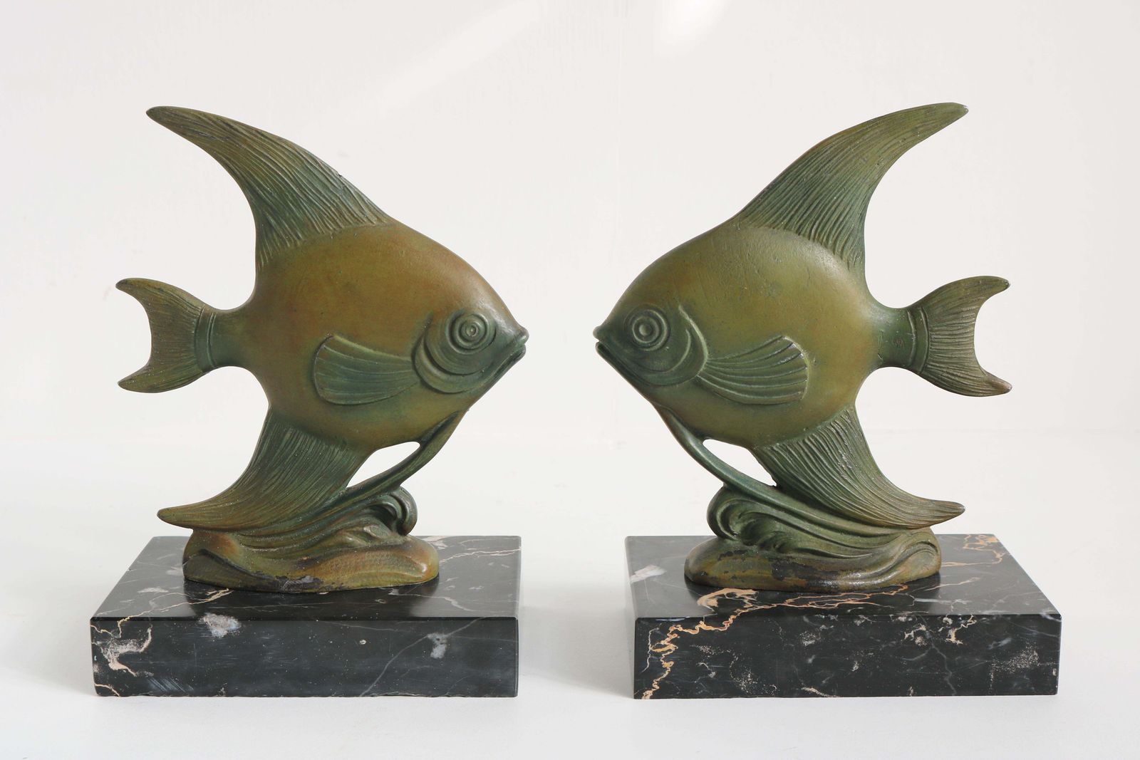 Home Decor Antique French Art Deco Bookends Angelfish 1930 Black Marble Spelter Moonfish photo