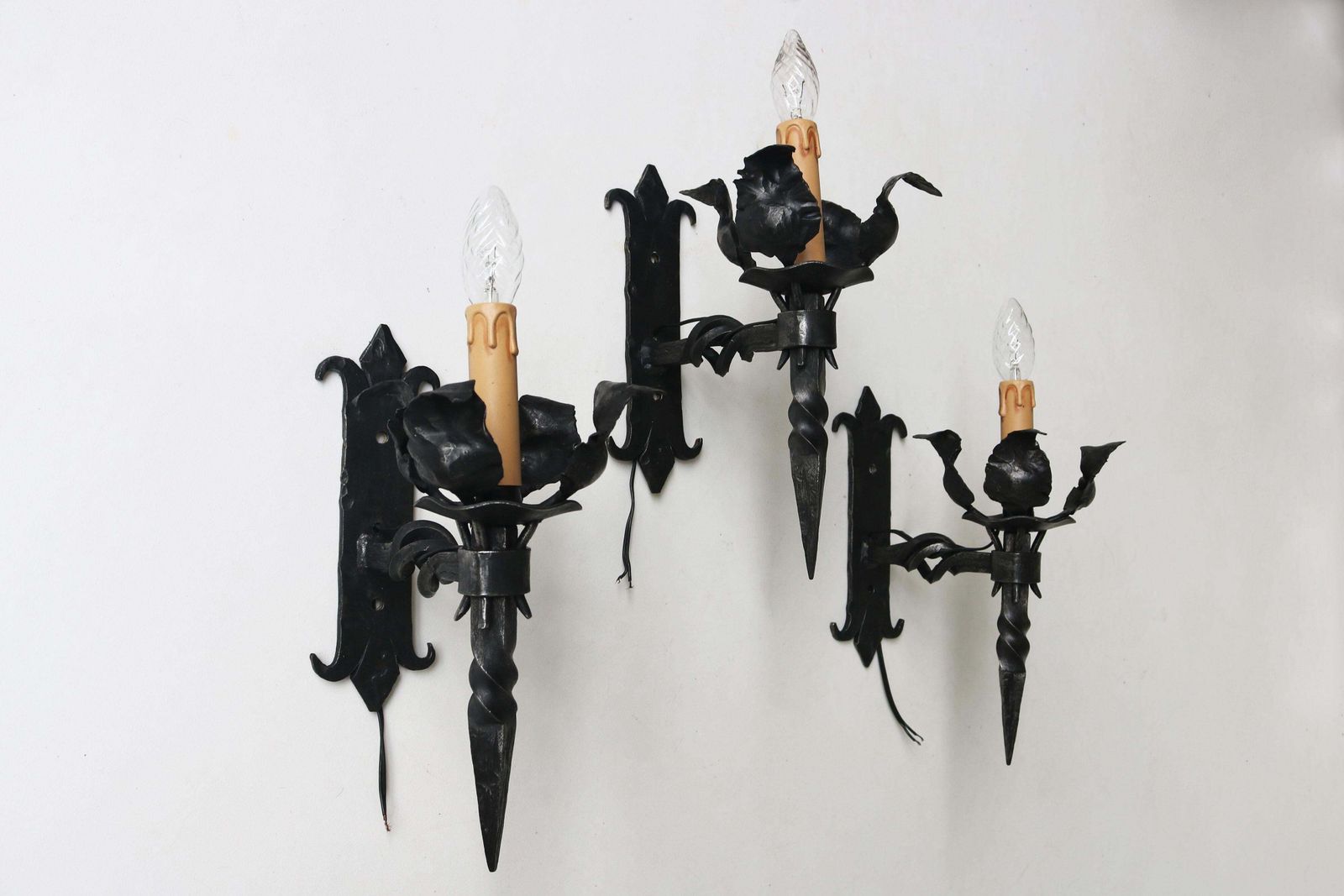 Set Of Six Antique Spanish Gothic Revival Wall Light / Wall Sconce Wrought Iron photo vintage