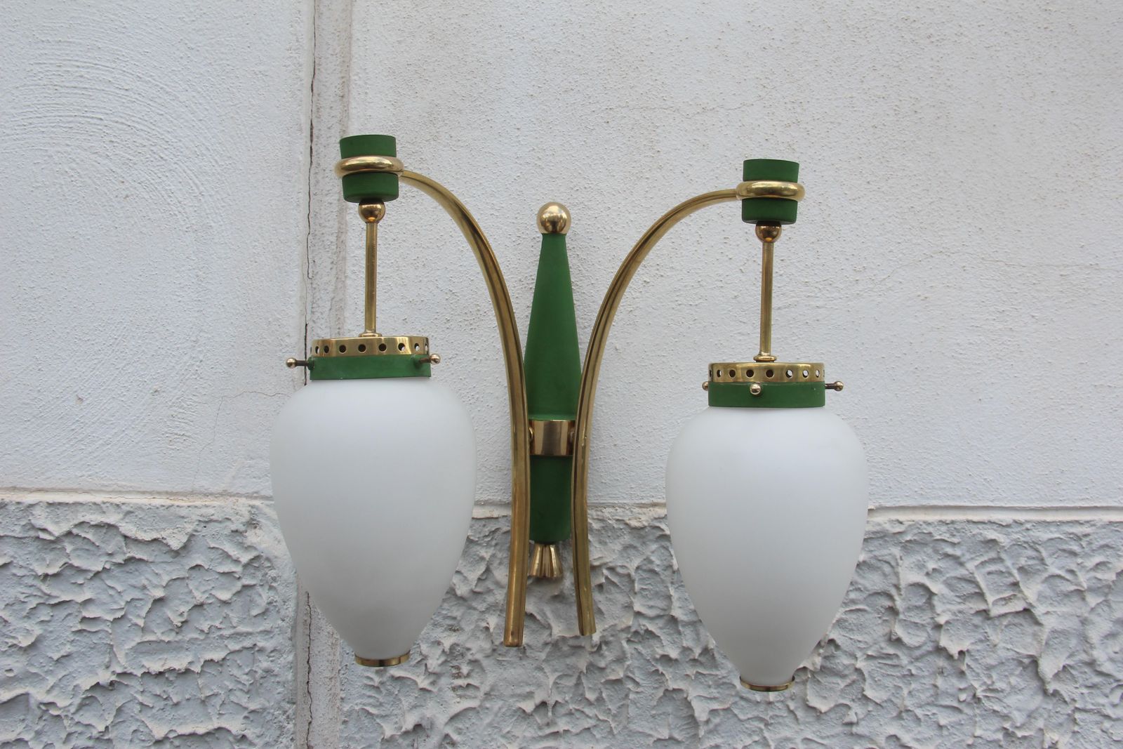 Stilnovo Midcentury White Glass Green And Golden Brass Italian Sconces, 1950s photo buy