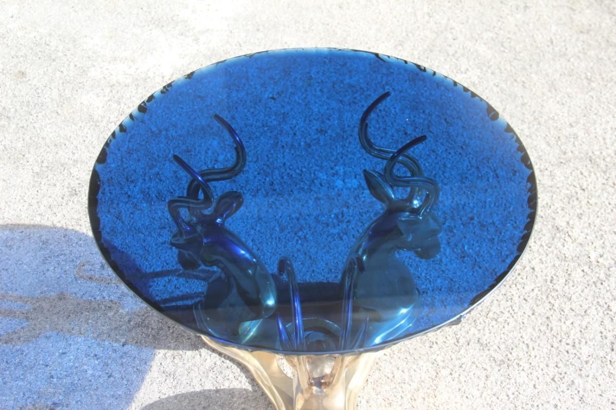 Midcentury Round Blue Cobalt Italian Brass Deer Top Thick Crystal 1960 Chipped photo 2040.0