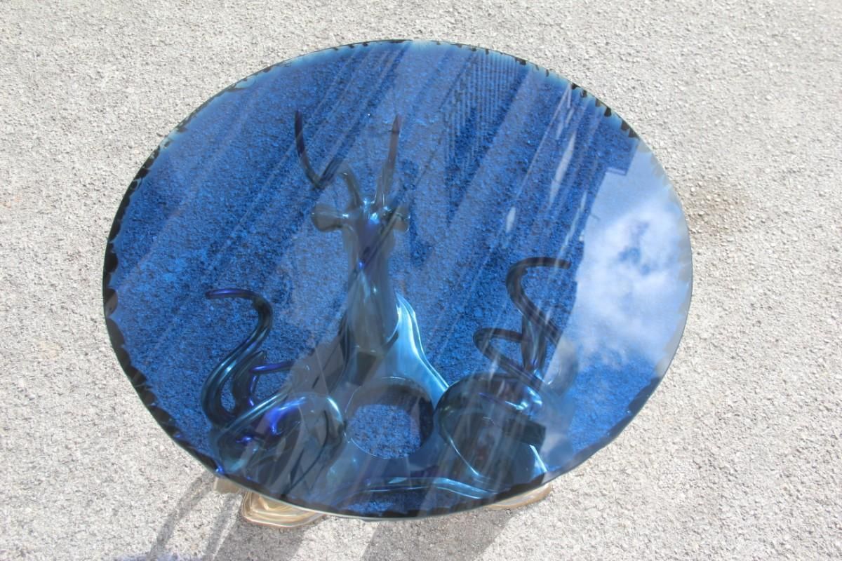 photo furniture Midcentury Round Blue Cobalt Italian Brass Deer Top Thick Crystal 1960 Chipped