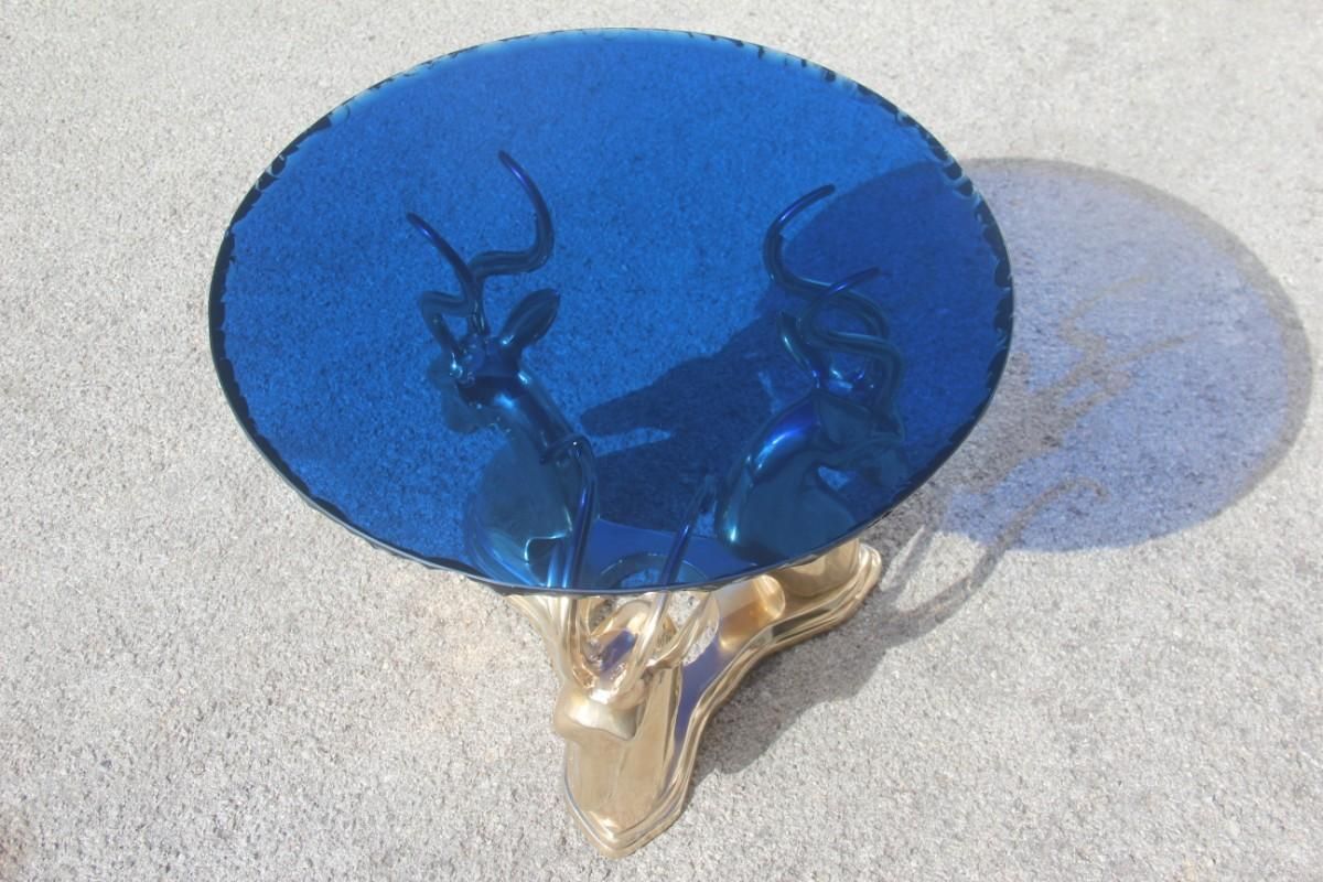 photo for sale Midcentury Round Blue Cobalt Italian Brass Deer Top Thick Crystal 1960 Chipped