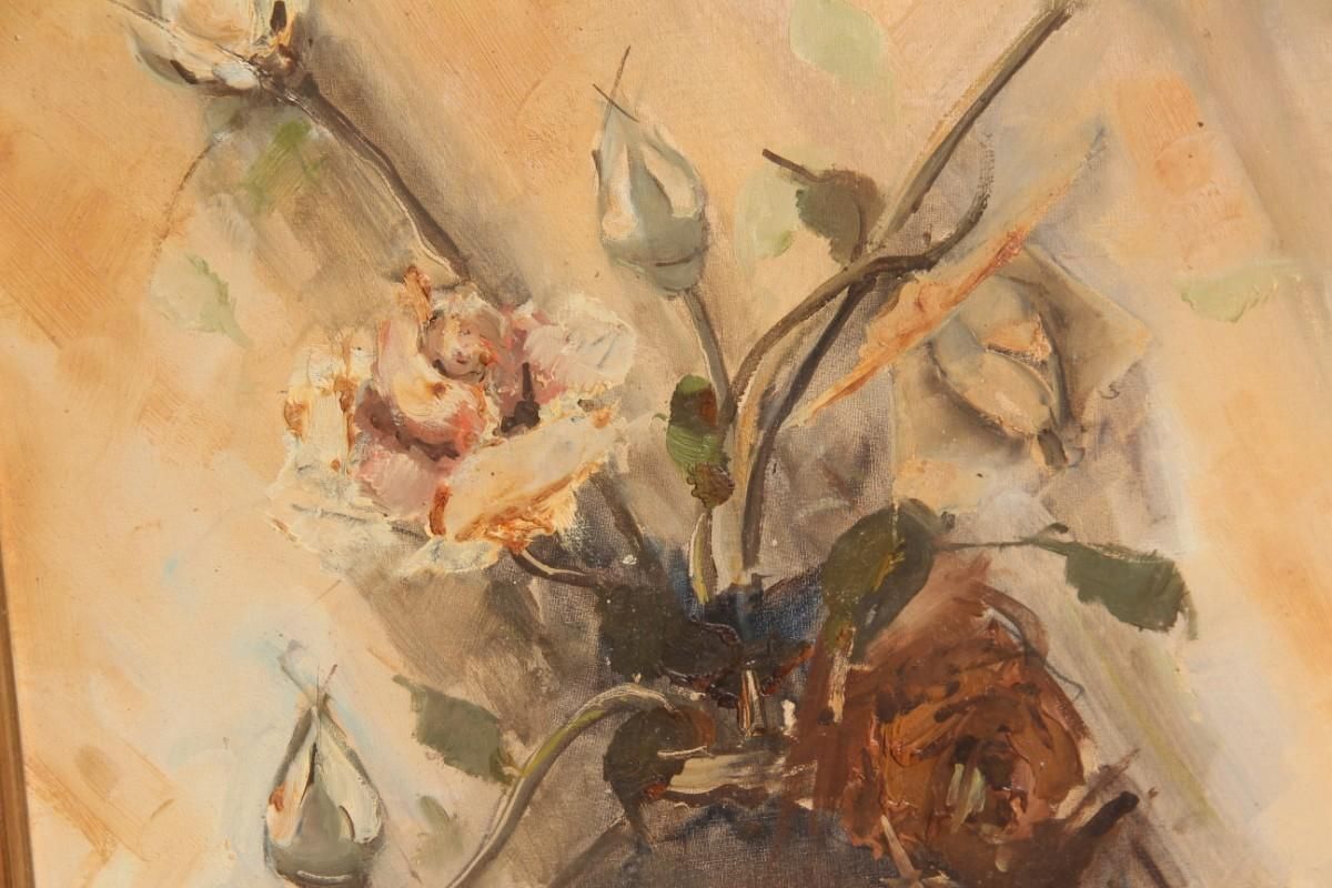 Depisis Style Midcentury Oil Panting Vase Rose Flowers 1940s Classic Frame photo Art