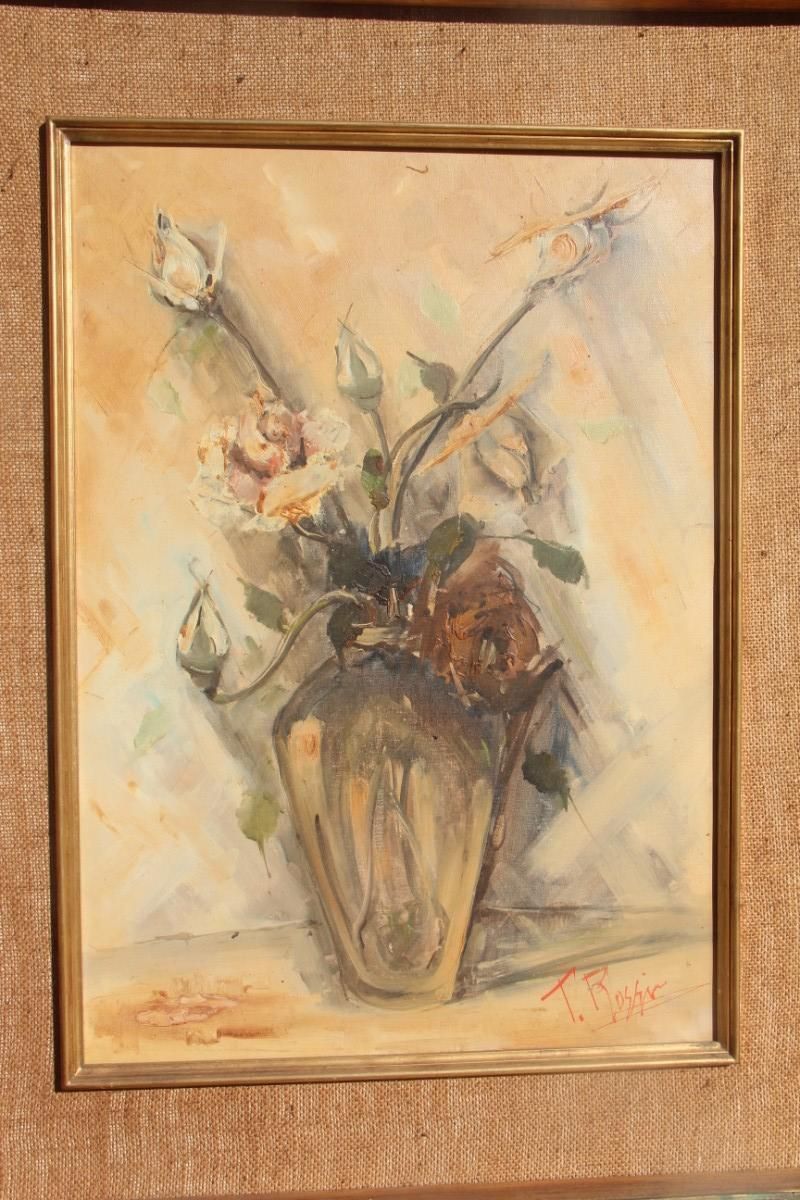 Depisis Style Midcentury Oil Panting Vase Rose Flowers 1940s Classic Frame photo vintage