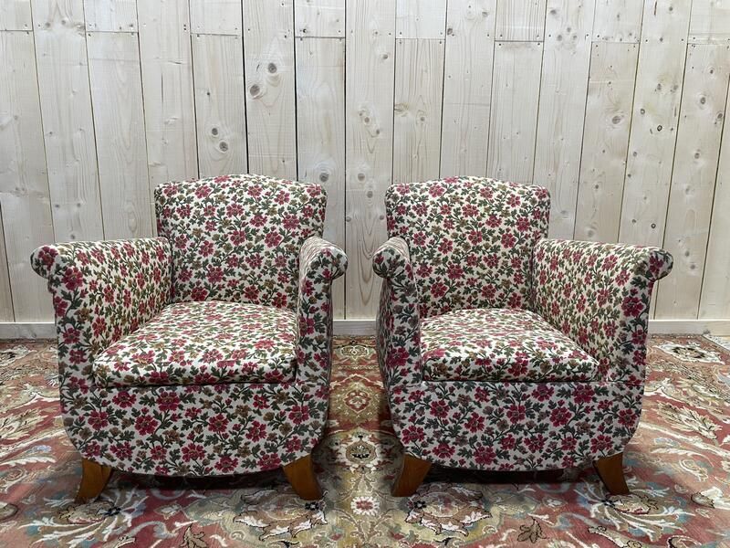 Paire De Fauteuils Bergères Art Déco / Vintage à Fleurs