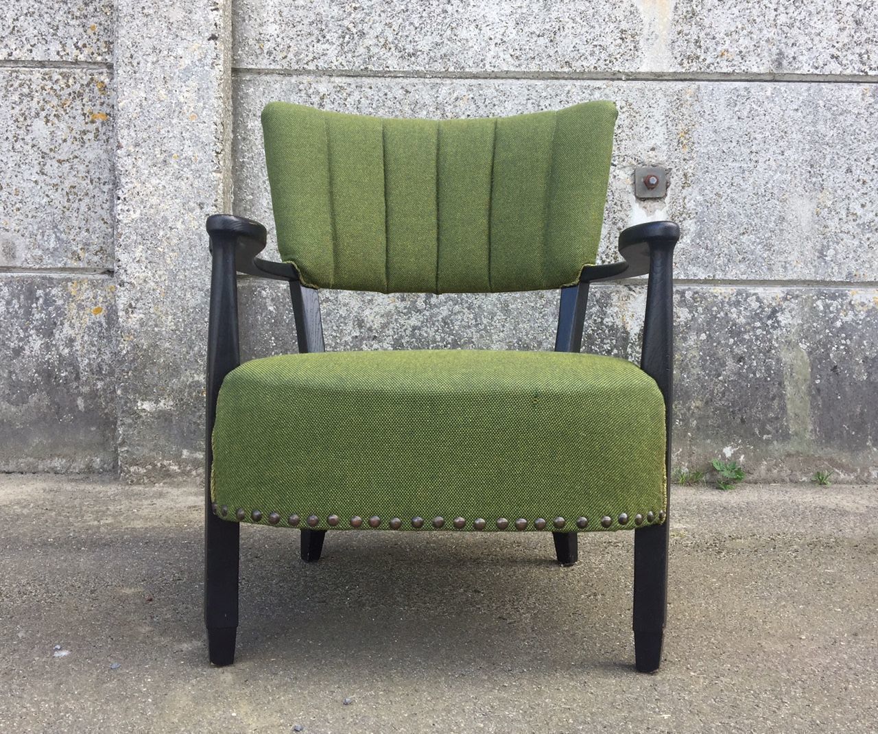 Danish Black Wooden And Green Wool Curved Easy Chair, 1940s