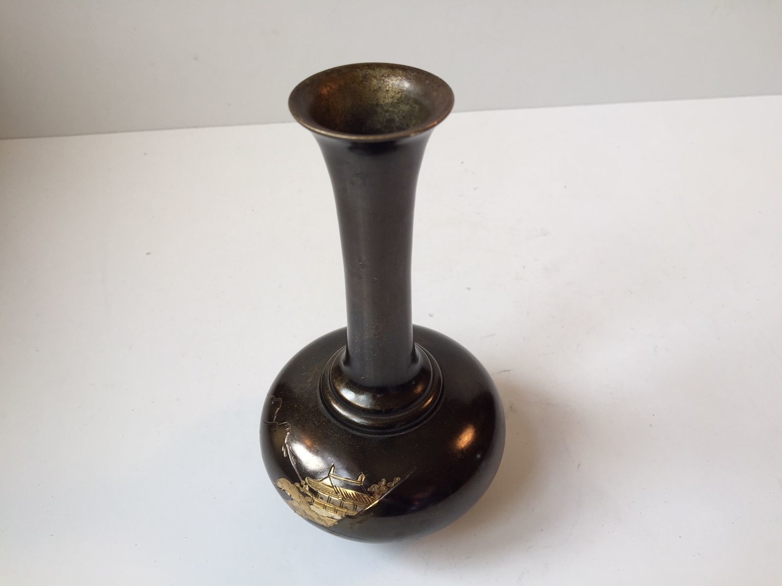 Japanese Bronze Gourd Vase With Mixed Metal Inlays, 1940s photo for sale