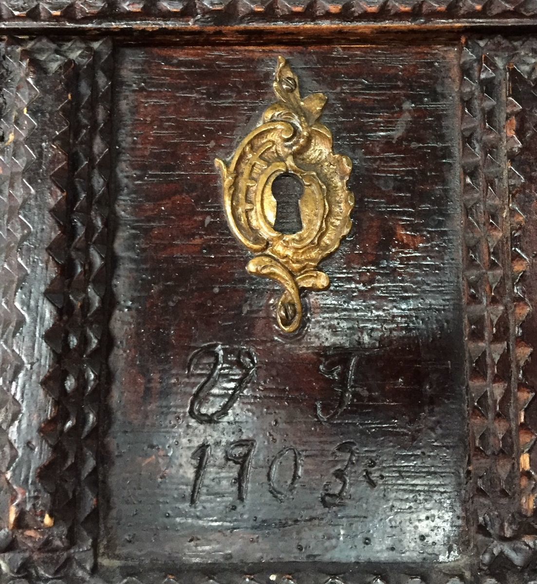 Antique Hand Carved Tramp Art Chest Of Drawers, 1903 photo for sale