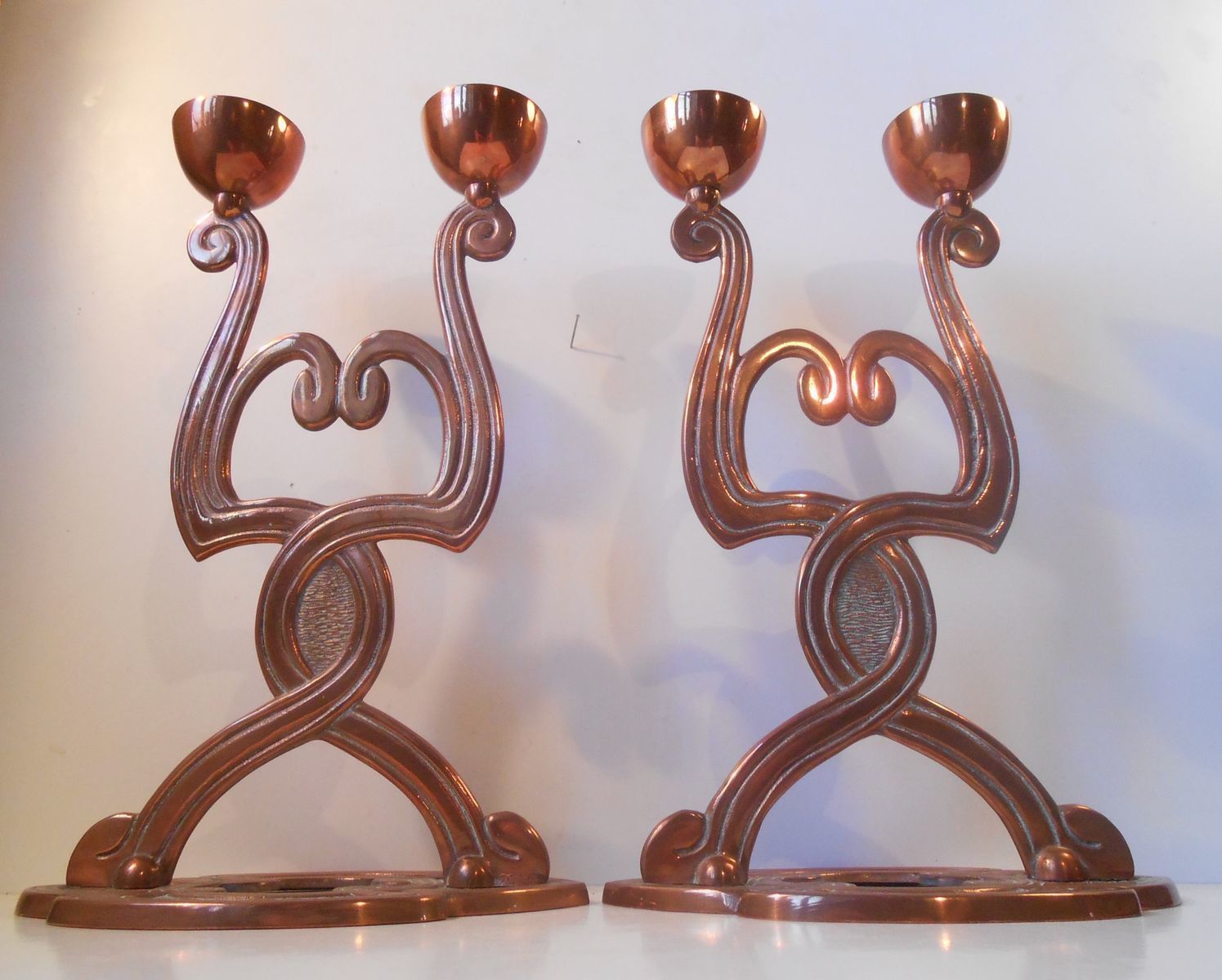 Antique Danish Art Nouveau Copper Candelabras, Set Of 2 photo for sale