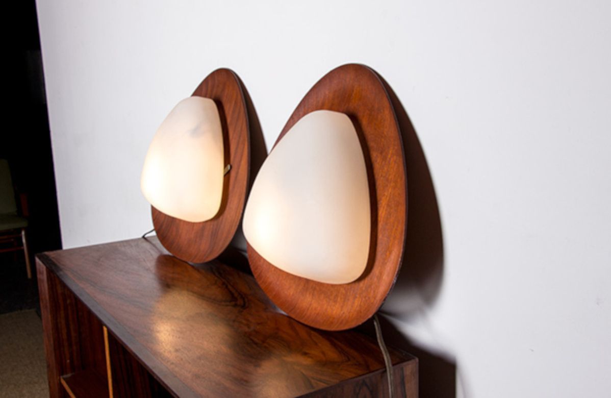 photo for sale Pair Of Italian Teak And Opaline Wall Lights By Goffredo Reggiani 1960.