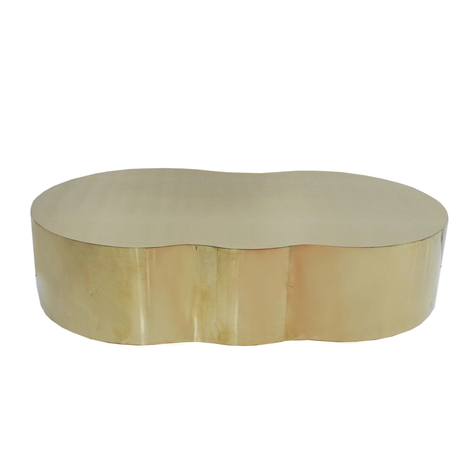 Mid Century Style Curved Coffee Table With Wooden Structure Covered In Brass photo furniture