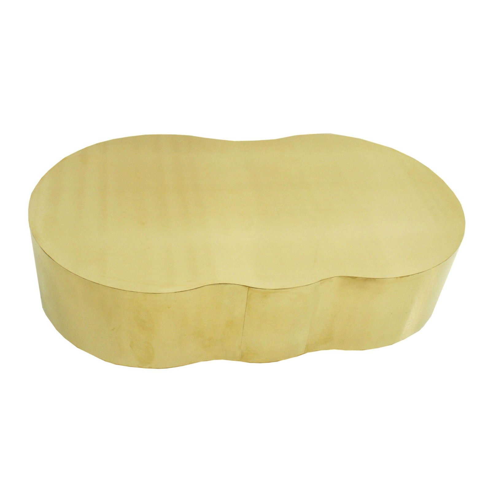 Mid Century Style Curved Coffee Table With Wooden Structure Covered In Brass photo vinterior