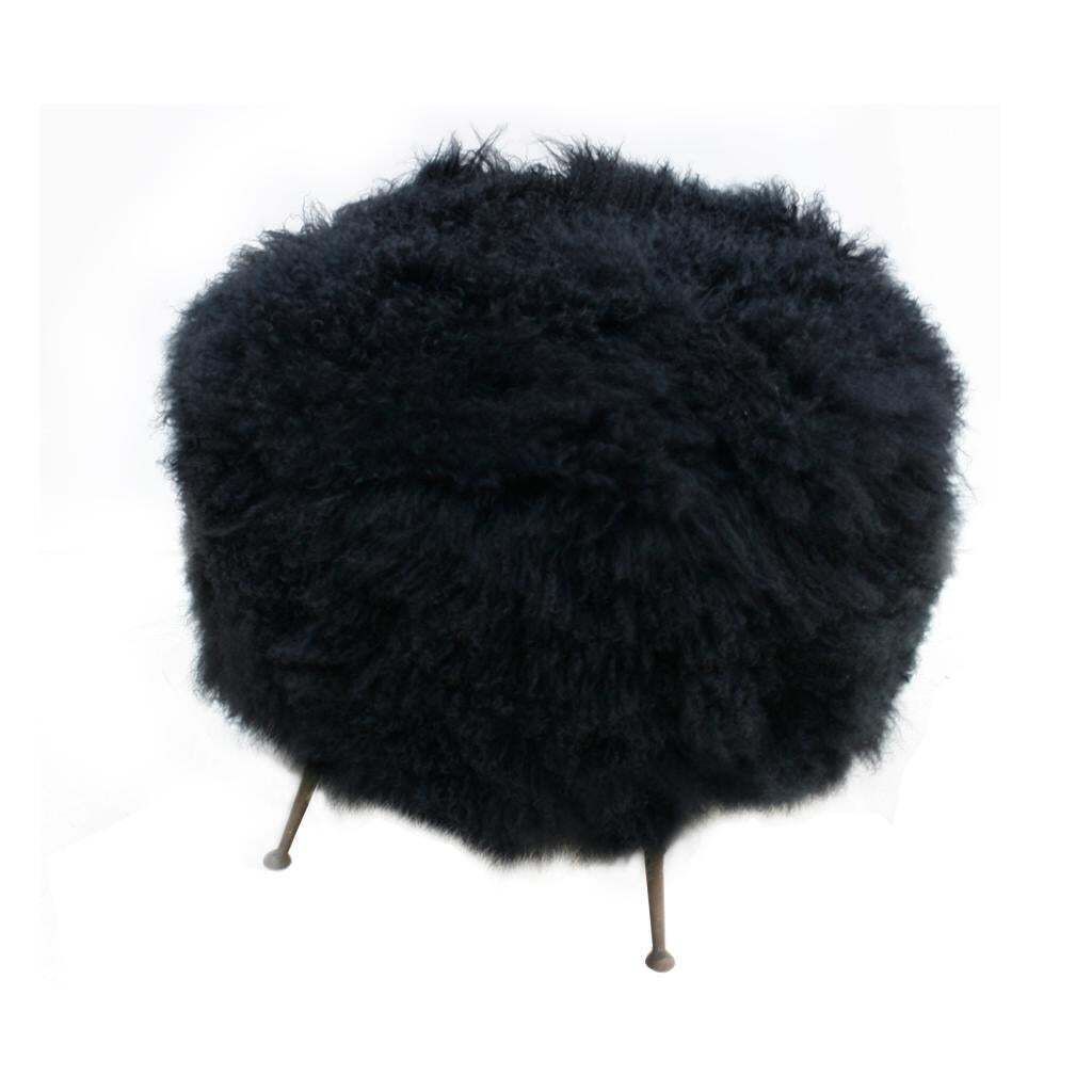 Mid Century Modern Mongolian Goat Fur Round Footstool, Italy, 1950s photo for sale