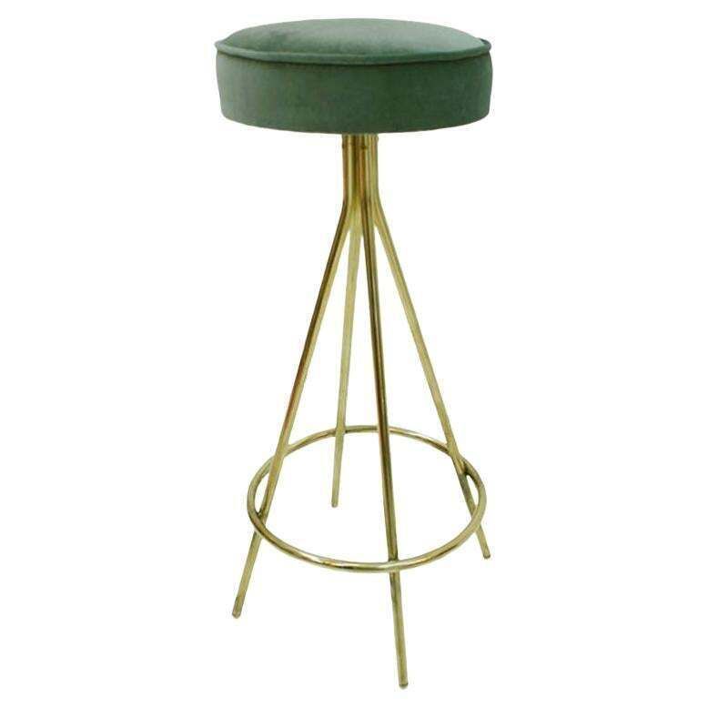 Mid Century Style Circular Brass And Cotton Velvet Italian Bar Stool