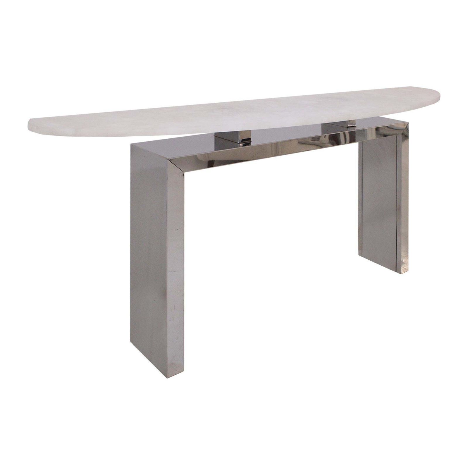 Contemporary Pair Of Demilune Consoles Made Of White Quartz & Steel photo for sale
