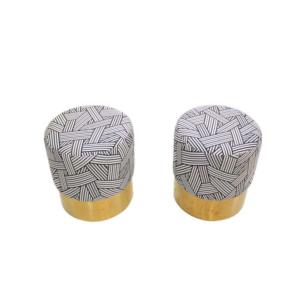 Contemporary Circular Cotton Jacquard And Brass Pair Of Italian Poufs photo furniture