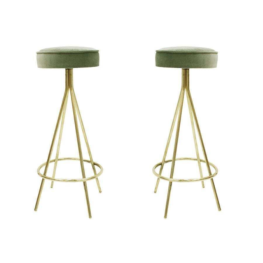Midcentury Style Circular Brass And Cotton Velvet Italian Bar Stools photo furniture