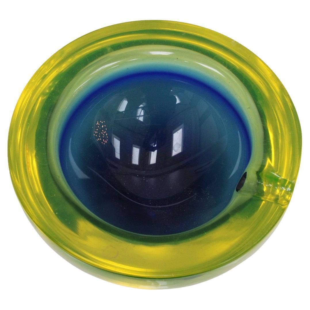 Mid Century Modern Blue/Yellow Sommerso Murano Glass Ashtray By Flavio Poli 1950