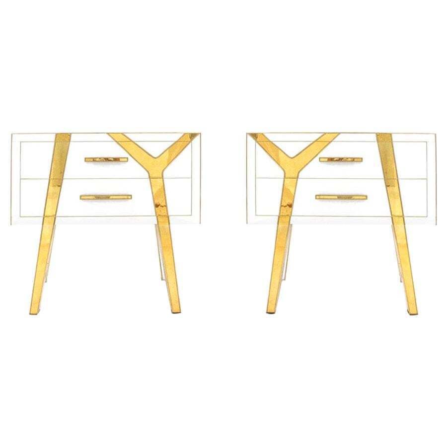 Contemporary Solid Wood And Glass Italian Pair Of Bedside Tables By L.A. Studio