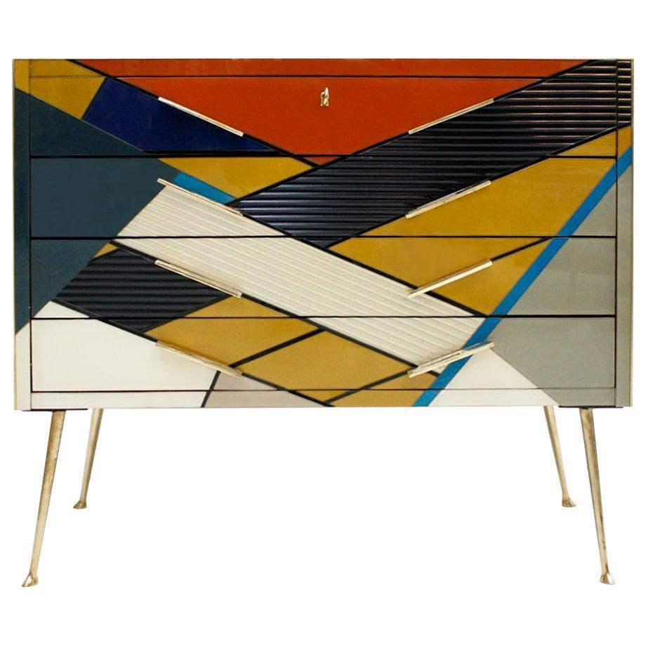 Mid Century Modern Style Murano Colored Glass And Brass Italian Commode