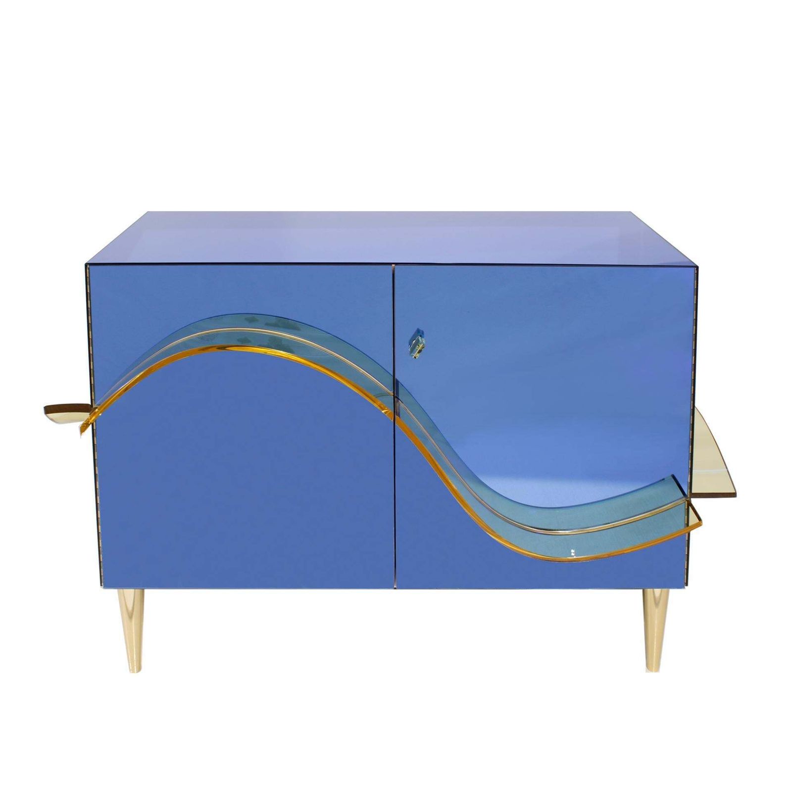 Contemporary Blue Murano Glass Mirror And Brass Pair Of Italian Cabinets photo Furniture