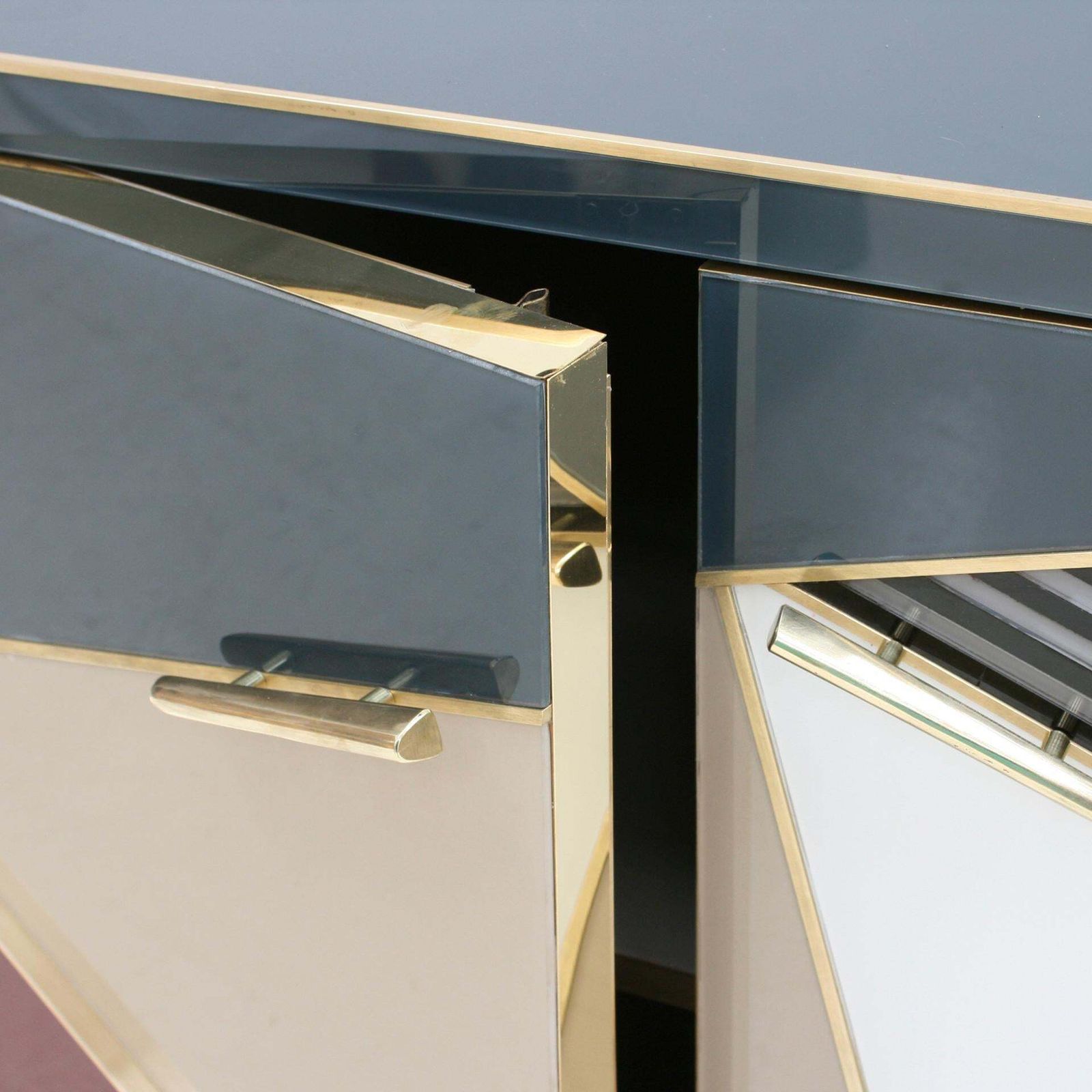 photo for sale Mid Century Modern Style Wood Colored Glass And Brass Pair Of Italian Sideboards